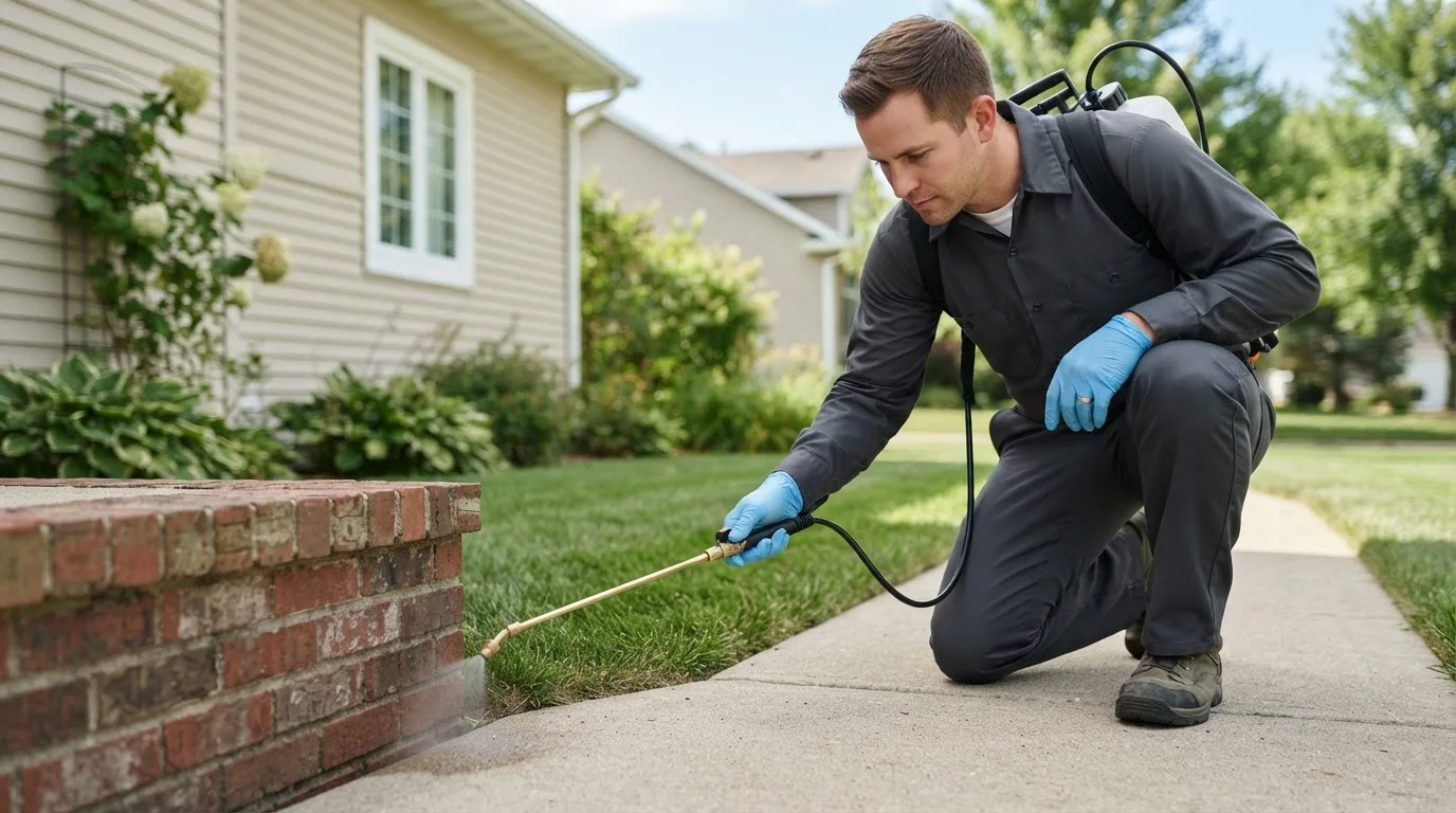Pest control technician treating a home near Naples, ME