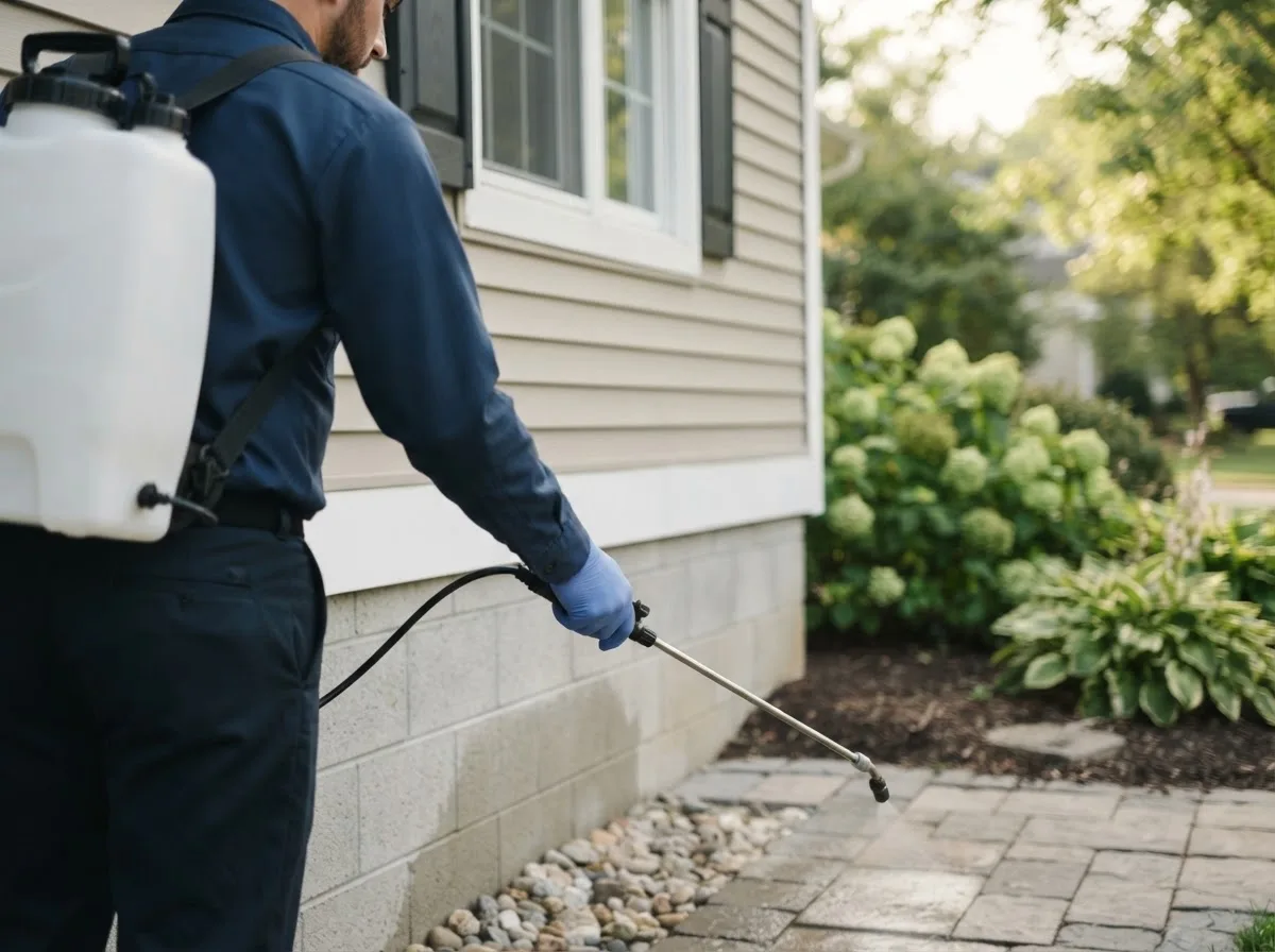 Pest control technician inspecting a home in Naples, ME